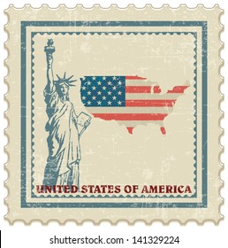 Poster vintage stamp looking with United States of America flag and Statue Of Liberty