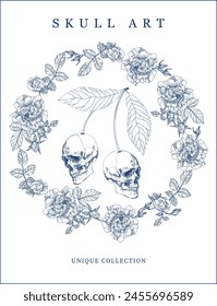 Poster in vintage style blue cherry skull with roses and leaves