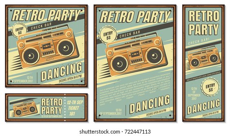 The poster in vintage style on a retro party banner, invitation, flyer, advertising. Vector illustration of retro disco and dance. Old microphone. Other variations you can find in my portfolio.