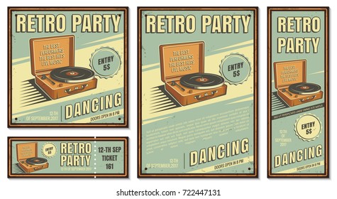 The poster in vintage style on a retro party banner, invitation, flyer, advertising. Vector illustration of retro disco and dance. Old microphone. Other variations you can find in my portfolio.