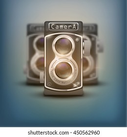 Poster of Vintage twin lens reflex cameras. Front view. Realistic retro design of medium format camera. Vector Illustration isolated on white background.