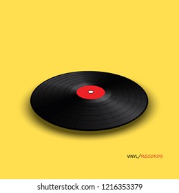 Poster of vinyl player record. Music label logo.