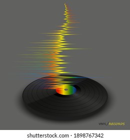 Poster of vinyl player record with rainbow wave. Trendy colorful line style music on gray background. Modern banner with vinyl music. Vector illustration