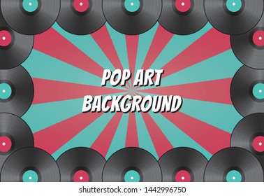 Poster of vinyl player record with red-turquoise rays and vinyl disks