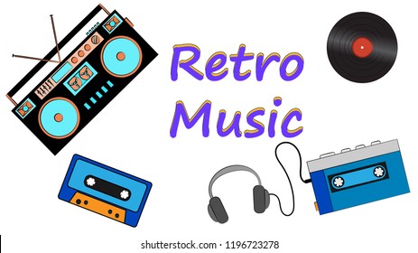 Poster from vinyl record, old vintage retro hipster film music first player and audio tape recorder for listening to audio cassettes and retro music inscription. Vector illustration.