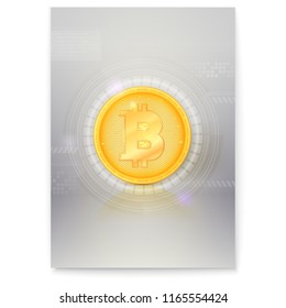 Poster with virtual currency Bitcoin. Icon of digital money, golden digital coin. Design of banner with crypto currency and UI elements. Ready for print on cover, leaflets, using in presentations.