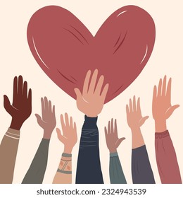 Poster with volunteer people with raised hands and background with red heart shape. Charitable donation. Support and assistance. Multicultural community. NGO. Aid. Help. Volunteerism