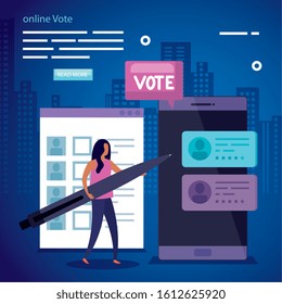 poster of vote online with business woman and smartphone vector illustration design