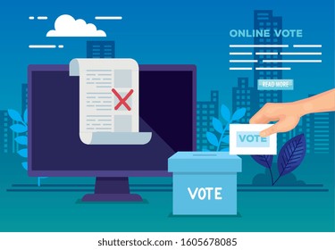 poster of vote online with computer and icons vector illustration design
