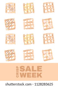 Poster with waffles and discount offer with inscription: "Crisp sale week".