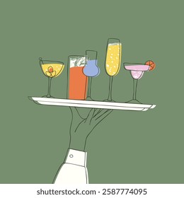 Poster with waiter hand holding alcoholic drinks on tray. Cocktails in glasses and goblets on tray. Illustration for a bar or party. Flat vector illustration