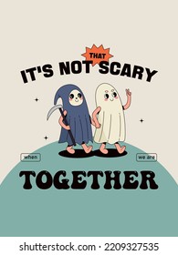 Poster with walking ghosts in retro cartoon style for Halloween Holiday. Cute outline vector Illustration.