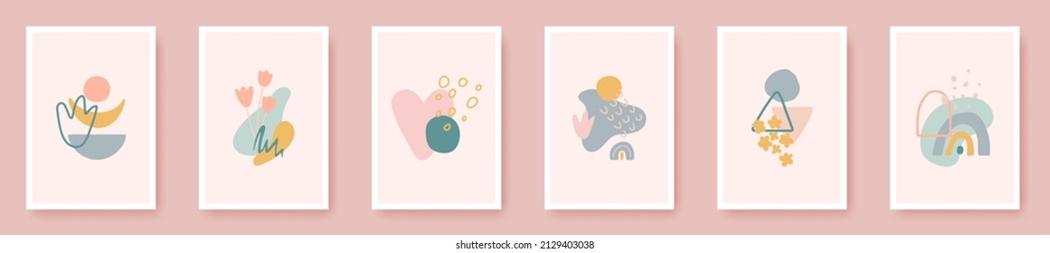 Conjunto de paredes de póster con diseño de elementos orgánicos. Decoración moderna de las habitaciones. Arte mínimo. Formas geométricas en color pastel. Collage único dibujado a mano. Textura contemporánea para impresión, folleto. Ilustración vectorial.