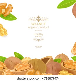 poster with walnuts and green leaves on white background for your design