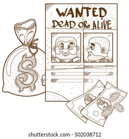 Poster wanted criminals. Wild west outline drawing for coloring.