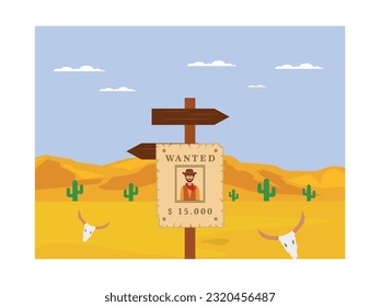 Poster wanted man that everyone wants to get prize money, stick on wood sign. Flat illustration