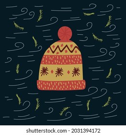 A poster of warm clothes. Seasonal winter clothing Hat with an ornament of snowflakes. A cozy and warm headdress in a doodle circle for a postcard. Vector illustration