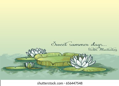 poster with water lilies in water and place for text, can be used as summer party invitation, sketch  vector illustration 