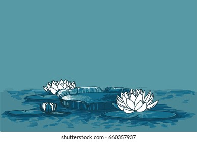 poster with water lilies in water and place for text, can be used as summer party invitation, blue and white colors, sketch style vector illustration 