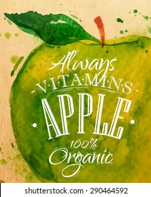 Poster watercolor apple lettering always vitamins 100 percent organic drawing on kraft