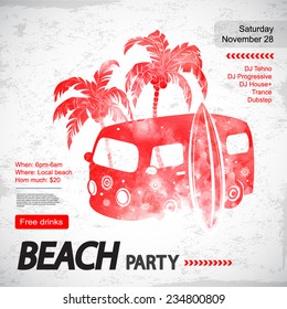 Poster with a watercolor bus and palm trees