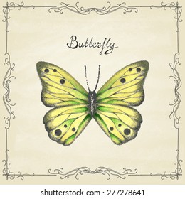 Poster with watercolor butterfly. Vintage style. Vector illustration.
