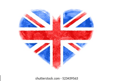 Poster of watercolor heart shape Great Britain flag. Red and blue isolated heart symbol on white background. Watercolor heart with British flag. Vector Illustration svg