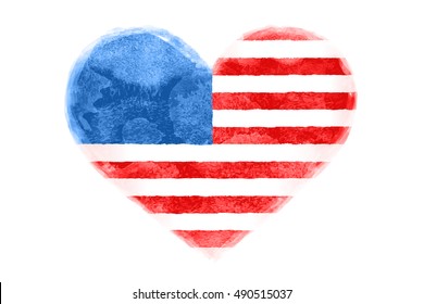 Poster of watercolor heart shape United State of America flag. I Love USA red and blue isolated heart symbol on white background. Watercolor heart with American flag. Vector Illustration
