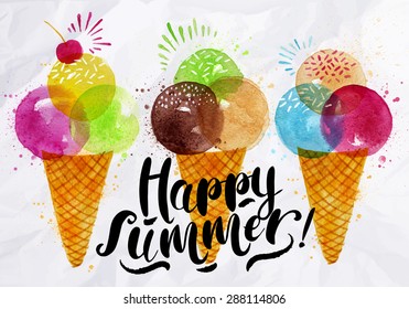 Poster watercolor ice cream cones different colors lettering happy summer drawing on crumpled paper