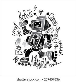 Poster watercolor robot and lettering. Graphics for t-shirt