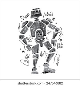 Poster watercolor robot and lettering. Graphics for t-shirt