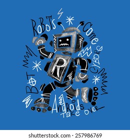 Poster watercolor robot and lettering. Graphics for t-shirt