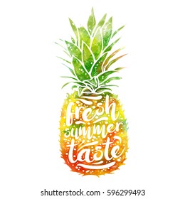 poster with watercolor silhouette of a pineapple, tagline fresh summer taste. Print t-shirt, graphic element for your design. Vector illustration.