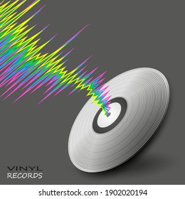Afiche con registro de ondulación de ondulación y vinilo. Fondo musical de línea de color vectorial. Banner moderno de música de vinilo