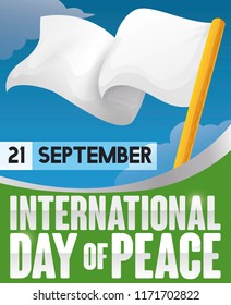 Poster with waving flag high up with sky view, greeting text and reminder for International Day of Peace this 21st September.