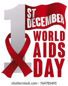 Poster with a waving flag in the top of number one and a red ribbon around it for World AIDS Day celebration in December 1.