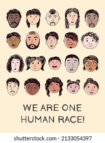 Poster we are all one human race with smiling people. Vector illustration.