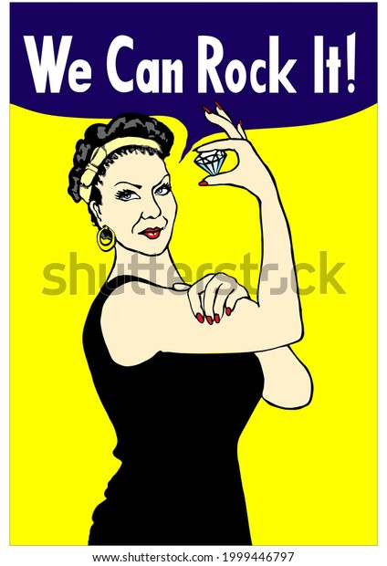 Плакат We Can Rock It! с женщиной и камнем, аппликация iThyx - векторное изображение на Shutterstock