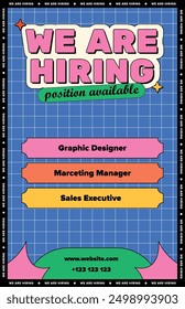 Poster we are hiring in bright colors, brutalism, modern, blue, green, pink, orange, yellow prominent eye-catching title, with names of  professions 