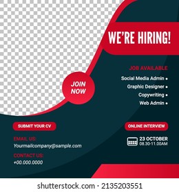 Poster for we are hiring. employees needed. Social media template job vacancy recruitment online interview