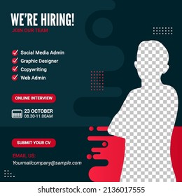 Poster for we are hiring. employees needed. Social media template job vacancy recruitment online interview