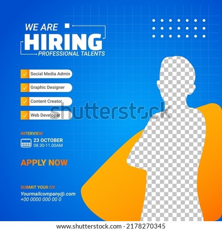 Poster for we are hiring. Employees needed. Social media template job vacancy recruitment