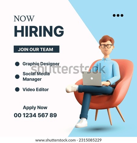Poster for we are hiring. employees needed. Social media template job vacancy recruitment. 3d man character sitting on chair isolated on white and blue background
