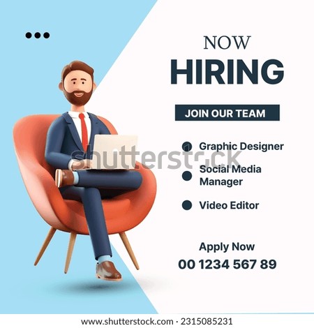 Poster for we are hiring. employees needed. Social media template job vacancy recruitment. 3d man character sitting on chair isolated on white and blue background
