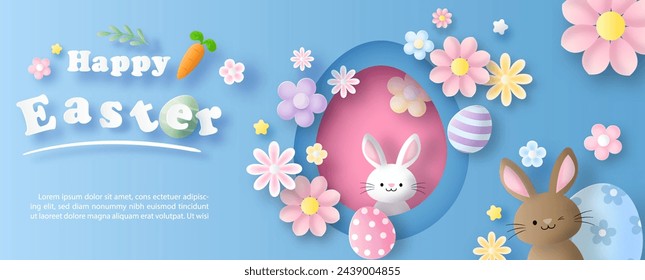 Poster and web banner of Easter's day in layers paper cut style with colorful flowers and blue gradient background 