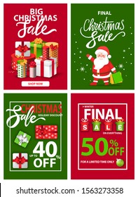 Poster and website of big Christmas sale and discount. Shopping advertisement of final retail and present symbol. Postcard decorated by gift box and Santa character, snowflake and Xmas toy vector