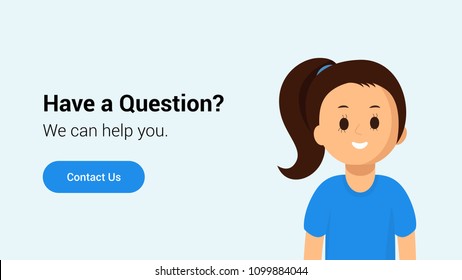 Poster of website page with smiling operator of call center proposing help in resolution of any question with button contact us flat vector illustration. Online technical support concept