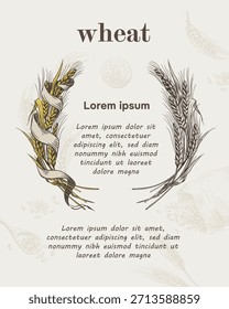 Pôster do site. Malte de trigo para a produção de cerveja ou uísque. Ilustração vetorial em estilo de gravação vintage. Coroa de trigo com fita. Sacos de lona com grãos. 
Esboço corte de bainha com trigo. Saco