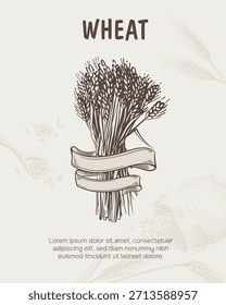 Pôster do site. Malte de trigo para a produção de cerveja ou uísque. Ilustração vetorial em estilo de gravação vintage. Coroa de trigo com fita. Sacos de lona com grãos. 
Uísque de malte único. Gravura.