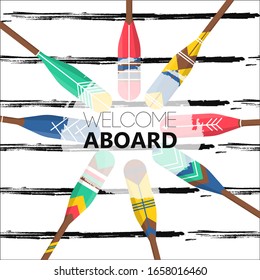 Poster  with Welcome Aboard quote poster template. Composition with realistic wood paddle boat and hand draw ink on striped background. Printable card for post, Internet, Vector Illustration   